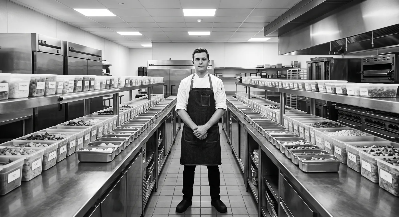 A chef standing in an orderly kitchen lined with labeled prep containers