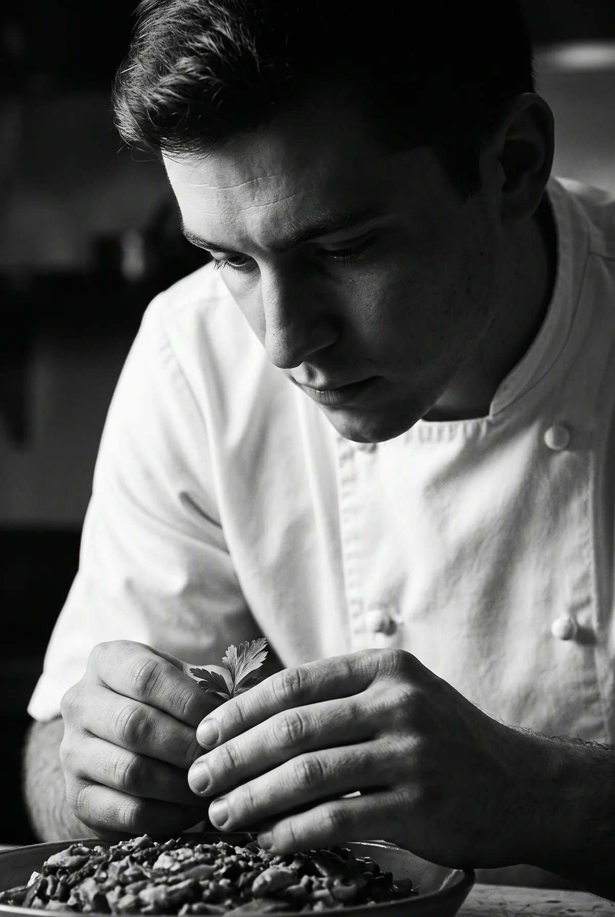 A chef placing a single herb leaf on a finished dish
