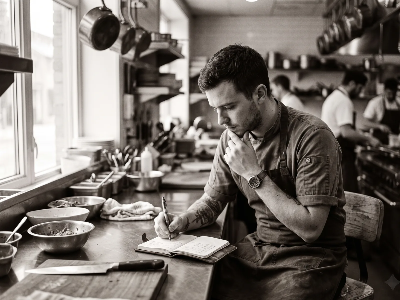 A young chef pausing at the kitchen pass to jot notes, mid-thought