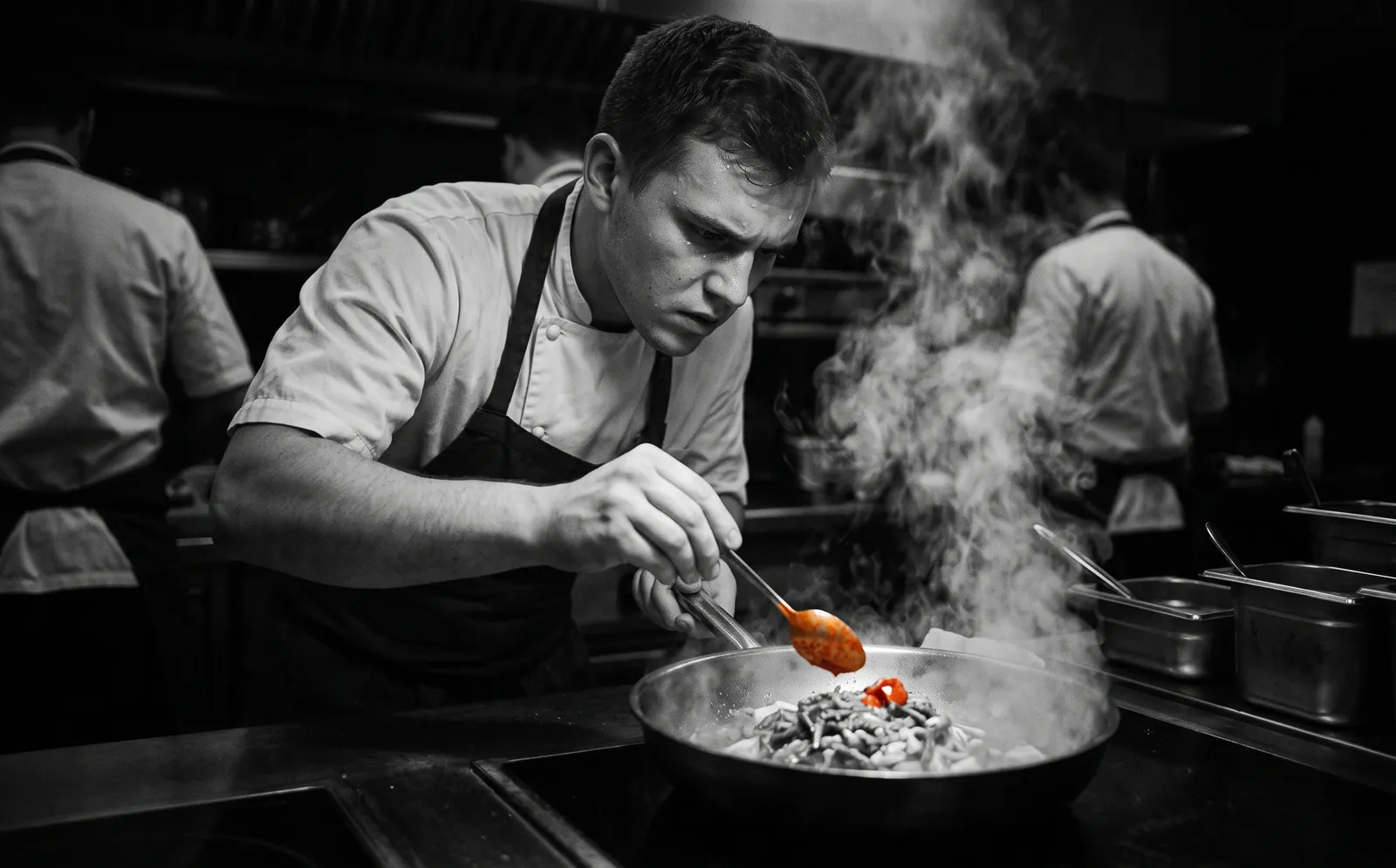 A chef under pressure in a steamy kitchen spooning a bright paprika sauce over a dish
