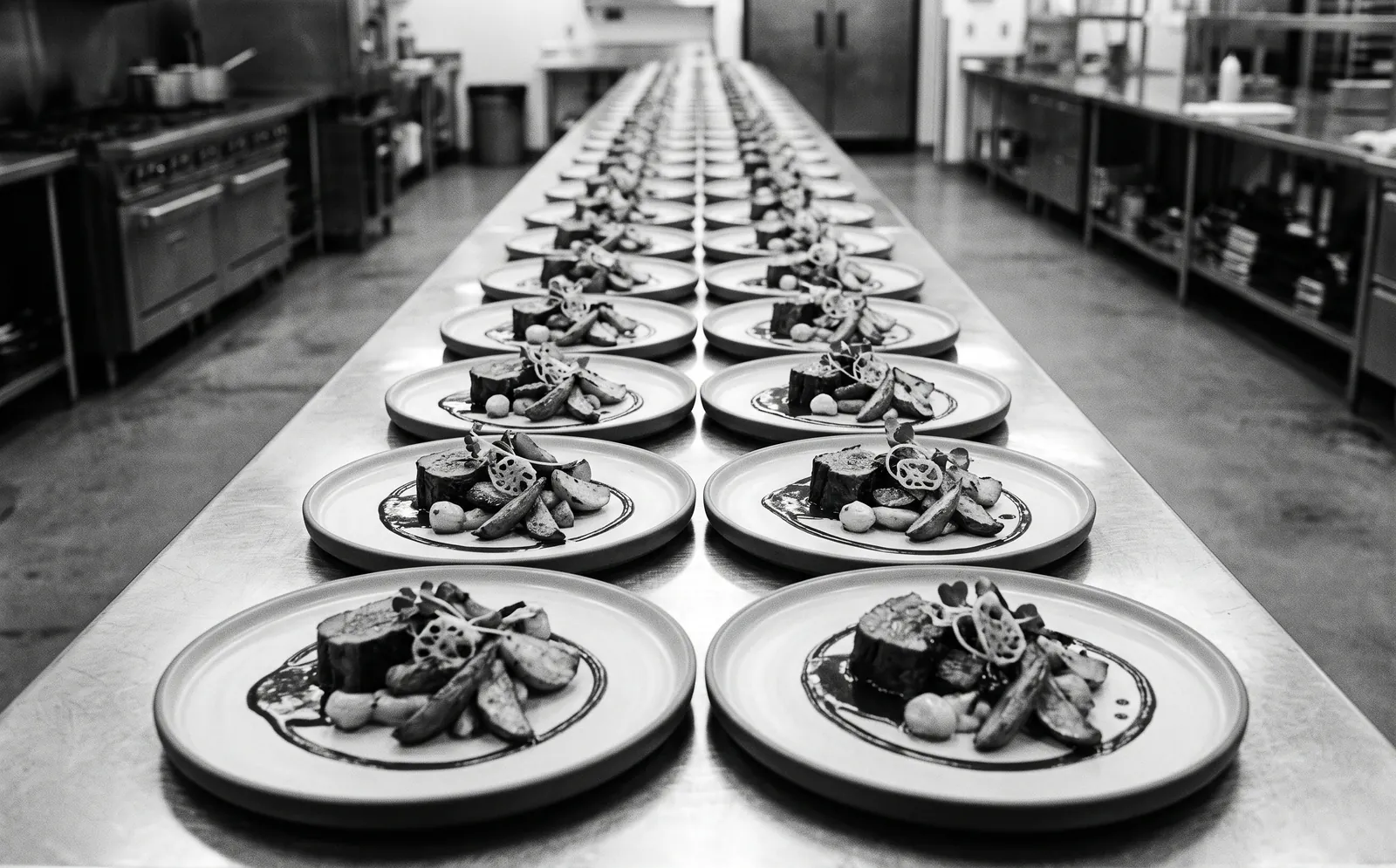 Dozens of identical plated dishes lined up down a long kitchen pass