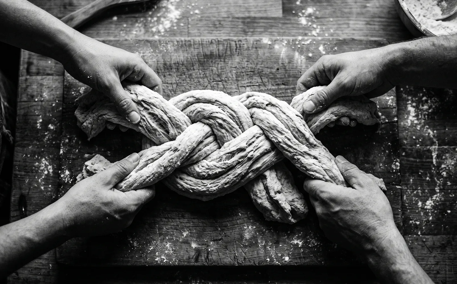 Two pairs of hands braiding strands of dough into a single tight knot