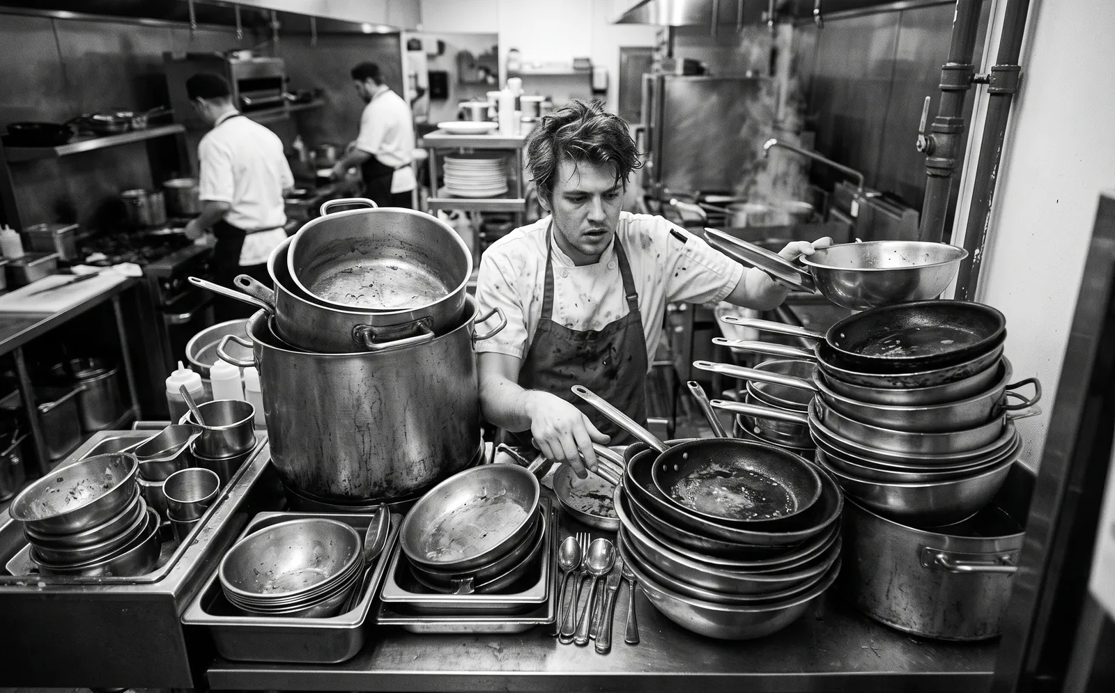 A cook buried behind a towering stack of pots, pans, and mixing bowls